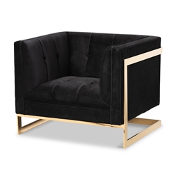 Baxton Studio Ambra Glam and Luxe Black Velvet Fabric Upholstered and Button Tufted Armchair with Gold-Tone Frame